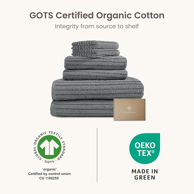 BIOWEAVES 100% Organic Cotton 6-Piece Luxury Bathroom Ribbed Towel Set GOTS Certified 700 GSM, 2 Bath Towel, 2 Hand Towel & 2 Wash Cloths - Pewter