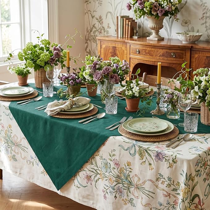 Solino Home Linen Tablecloth 52 x 52 Inch - 100% Pure Linen Rainforest Green Square Tablecloth - Fete, Machine Washable Table Throw