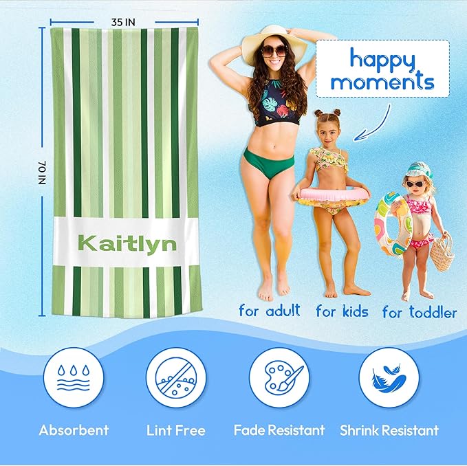 JML Custom Beach Towel with Name, Personalized Microfiber Beach Towel with Name, Large, Soft, Quick Dry & Absorbent for Swim, Pool,Adult,Summer Holiday,Vacation,Travel,Gift for Anniversary, Birthday