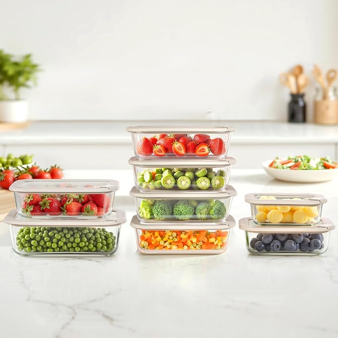 Glass Food Containers with Glass Lid, Microwave Safe Food Storage Container Set, 4 Pack of 35oz, Large Size Airtight Storage Set with Leak Proof Lids, Meal Prep Containers