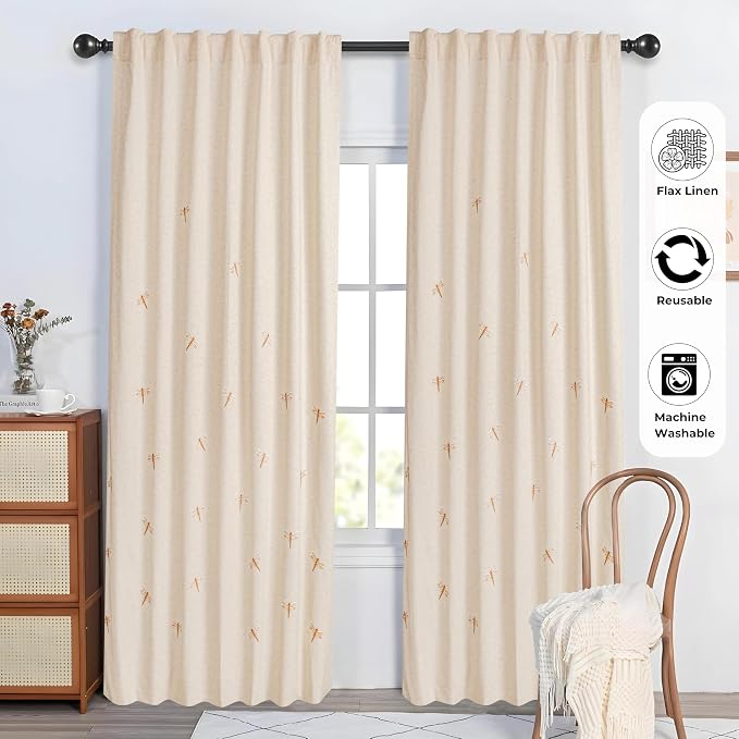 Bedding Craft Flax Linen Curtain Drape 50x108 Inch – Dragonfly Embroidery Drape, Natural Flax Room Darkening Panels, Taupe Curtains for Living Room, Bedroom, Modern Window Decor