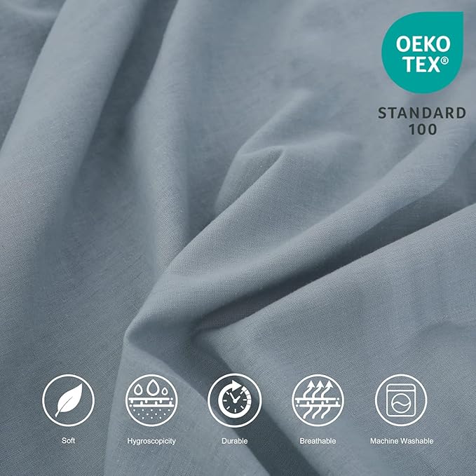 BISELINA Linen Sheet French Flax Flat Sheet Only 55% Euro Linen 45% Cotton Basic Style Solid Color Soft Breathable Farmhouse Top Sheet 1-Piece (Full, Dusty Blue)