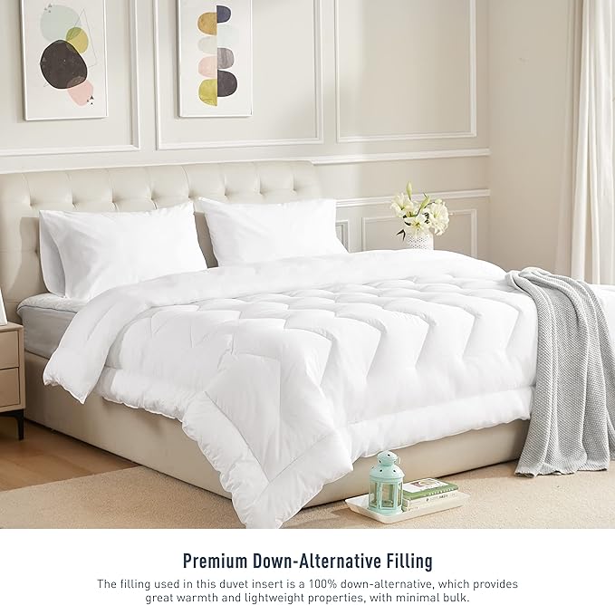 Duvet Insert Cotton Comforter King Size White Down Alternative Fill Duvet Insert 100% Cotton Shell Quilted Fluffy Comforter Lightweight All Season 8 Corner Tabs Durable Breathable Noiseless