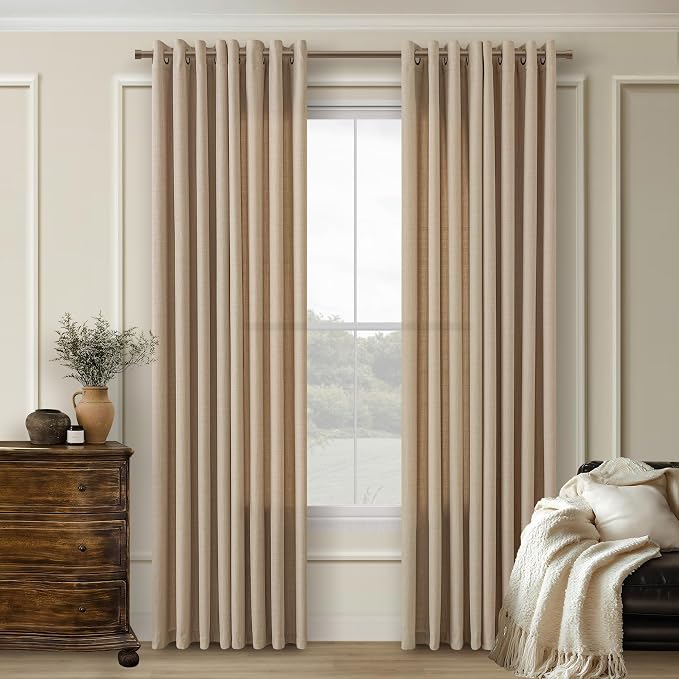 Dark Flax Linen Curtains 84 Inch Length 2 Panels Set for Living Room Grommet Semi Sheer Light Filtering Walnut Camel Drapes Farmhouse Country Burlap Curtains 84 Inches Long for Bedroom Dining Room