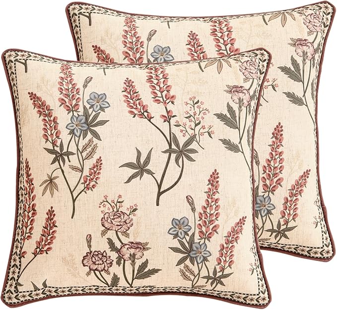 ISAENNE Design Linen Vintage Throw Pillow Covers 18"x18" Pack of 2, Square Cushion Covers with Blue Pink Flowers Green Leaves Pattern Decoration Pillowcases for Bed,Living Room,Outdoor,Car