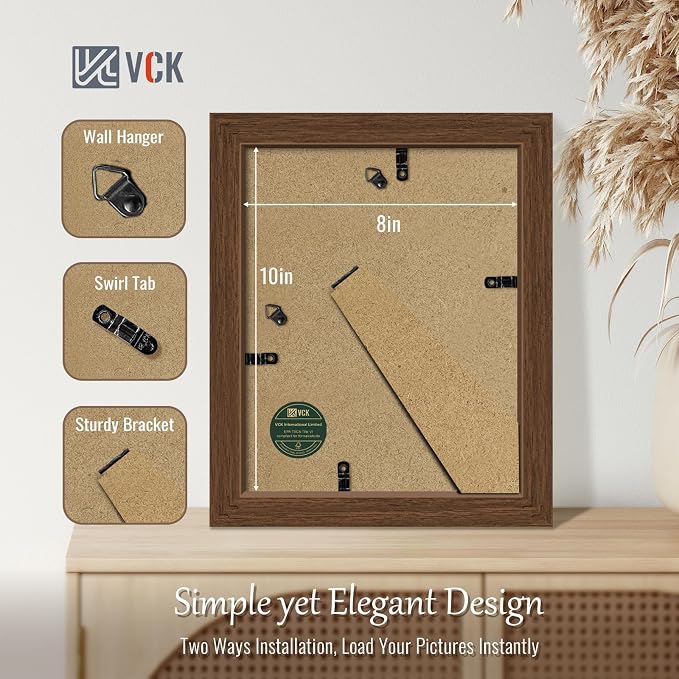 VCK 8x10 Picture Frame Set of 4 - Brown, Gallery-Quality Wood Poster Frames, 1.1-Inch Wide Border, Polished Plexiglass, Vertical or Horizontal Wall & Tabletop Display for Photo/Art/Prints, Brown