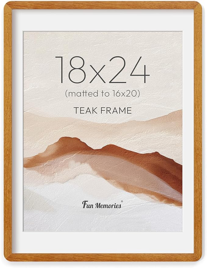Fun Memories 18x24 Poster Frame - Solid Teak Wood Frame, 18x24 Picture Frame with Mat for 16x20, Wood Frame with Tempered Glass, 24x18 Large Poster Frame for Gallery Wall Display, Natural Teak