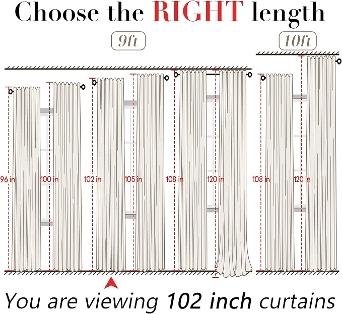 White Linen Curtains 102 Inches Long 2 Panels Back Tab Hook Pleated Rod Pocket Cotton Polyester Blend Light Filtering Semi Sheer Curtain Drapes for Bedroom Living Room,Total 100 In Wide 8.5FT Length