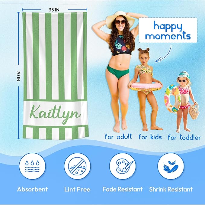 JML Personalized Beach Towel with Name, Custom Cabana Stripe Beach Towel, Customized Microfiber Pool Towel, Quick Dry & Absorbent Swim Towel for Adult,Anniversary, Birthday, Summer Holiday,Vacation