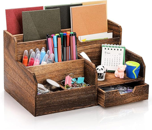 Pumtus Brown Wooden Desk Organizer, Mail Organizer with 7 Compartments and Drawer, Rustic Mail Sorter with Pen Holder, Tabletop Mail Basket, Office Accessories Holder for File Letter Document