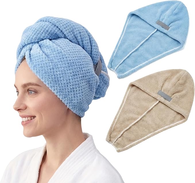 Microfiber Hair Towel Wrap for Curly Hair, Super Absorbent Quick Drying Hair Turban, Thick Lint Free Hair Drying Cap for Women Long Thick Hair, Lightweight 90g (Blue + Coffee)