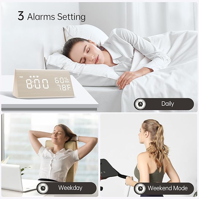JALL Wooden Digital Alarm Clock for Bedroom, 3 Alarms with Large Numbers, Humidity and Temperature Display, 6-Level Dimmer, Snooze, Loud Desk Clock for Heavy Sleepers, Plug in (White)
