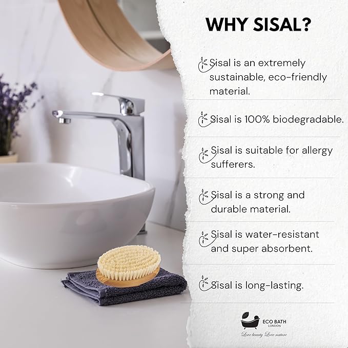 Eco Bath London Natural Sisal Olive Wood Hand Brush - Dry Brushing Body Brush for Exfoliation and Massage, Dry Brushing for Cellulite Lymphatic Drainage, Exfoliating Back Scrubber Spa Gift for Women
