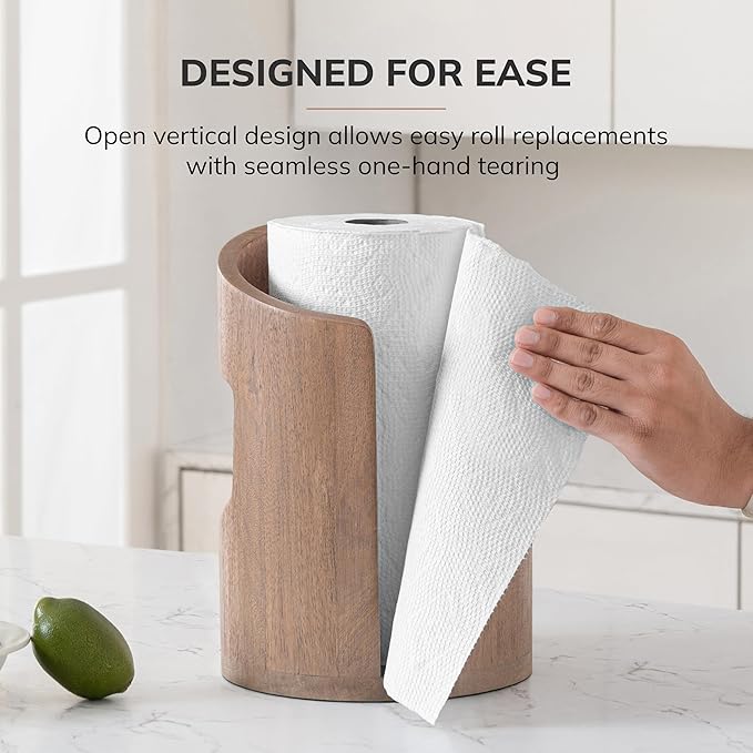 Anji Mountain Wooden Paper Towel Holder Countertop with Mango Wood Round Base and Iron Holder, Holder Stand for Kitchen Roll Organizer & Kitchen Dining Table Home Decor - Biscotti/Nickel, Arc Hold