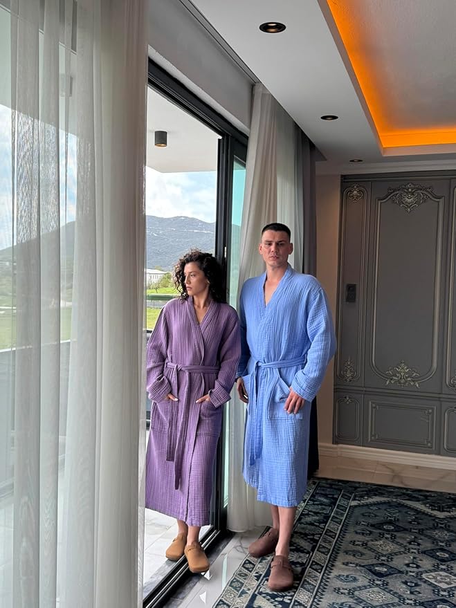 Muslin Unisex Bathrobe Women & Men, 100% Cotton Kimono Lightweight Robe | Long Robes Soft, Absorbent, Spa robes