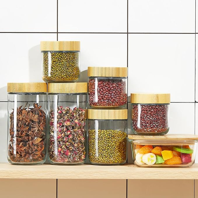 Suclain 12 Pcs Airtight Glass Food Storage Containers with Bamboo Lids Set Including 4 Pieces Meal Prep Glass Containers Lunch Bento Boxes and 8 Pieces Overnight Oats Jars Snack Storage Salad Jars