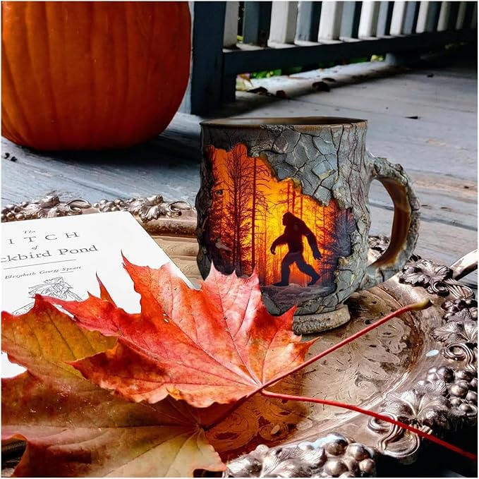 Bigfoot Forest Flame Tree Bark Mug – Handmade 3D Ceramic Coffee Cup, Unique Bigfoot Gift for Outdoor Lovers (Witch Mug)
