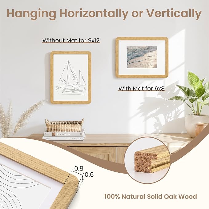 Fun Memories 9x12 Picture Frame - Solid Oak Wood Frame with Real Glass, 9x12 Wooden Frame with Mat for 6x8, Perfect for Horizontal or Vertical Hanging by Wall, Natural Oak