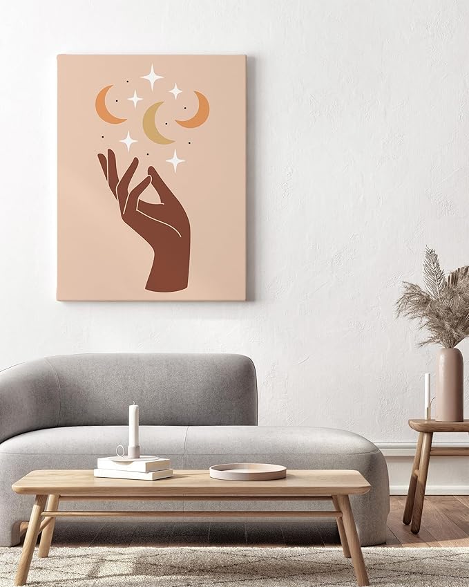 Mystical Hand Wrapped Canvas Wall Art Celestial Moon and Stars Earth Tones Terracotta 24x36 Inch Gallery Stretched Modern Spiritual Home Art Decor