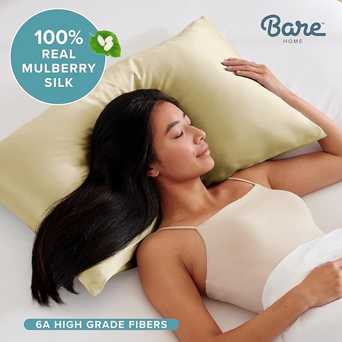 Bare Home 100% Mulberry Silk Pillowcase for Hair and Skin - Ultra Premium 6A Grade 19 Momme Silk Pillow Case - Hidden Zipper - Breathable Cooling Pillow Cover (Standard, Champagne)