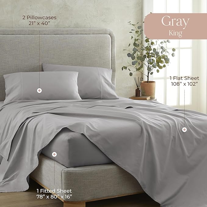 100% Organic Cotton Sheets King Size - GOTS Certified Organic Bed Sheets with Deep Pocket 500 Thread Count and Cozy Sateen Weave Gets Softer with Each Wash - Luxury 4 Piece Set (Gray, King)