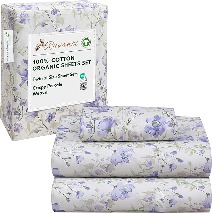 RUVANTI 100% Cotton Organic Percale Sheets Twin XL Size – Crisp Cooling Bed Sheets for Hot Sleepers, Deep Pocket 15”, Soft Peach Finish, Breathable & Durable Hotel-Style 3 Pcs, Heather