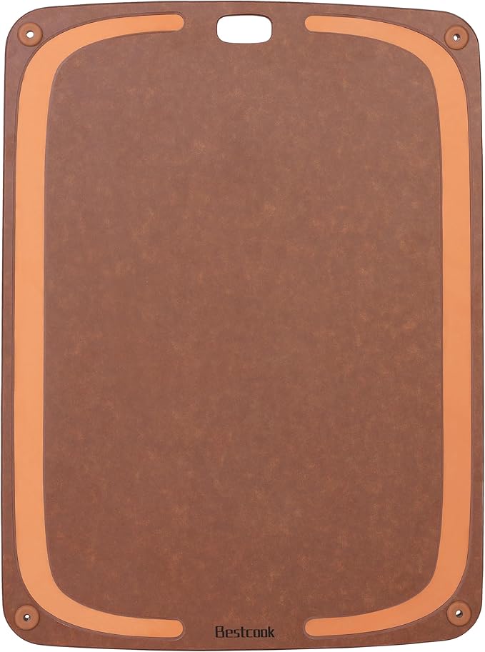 Wood Fiber Cutting Board for Kitchen - Premium Wood Fiber Cutting Board with Juice Groove and Non-slip Feet, Dishwasher Safe, Knife-Friendly Chopping Board for Meat, Bread, Fruit, 17.3”x12.8”, Brown