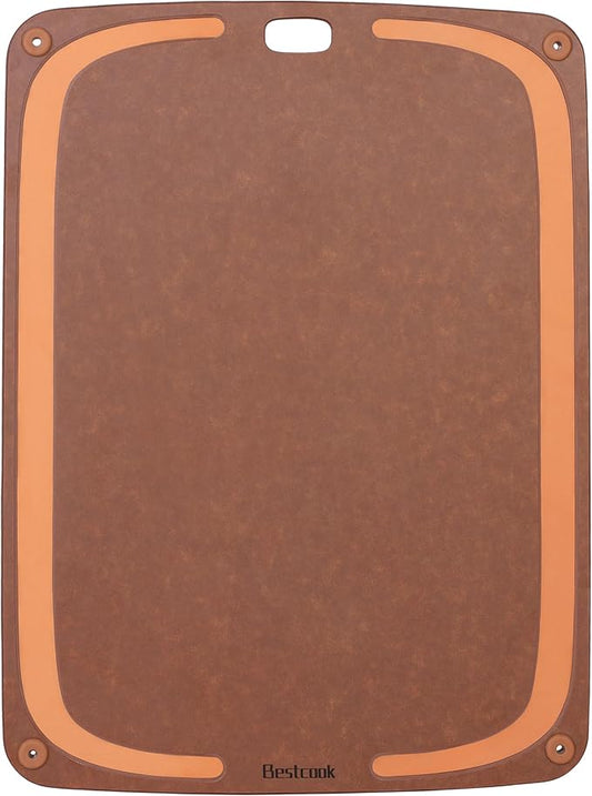 Wood Fiber Cutting Board for Kitchen - Premium Wood Fiber Cutting Board with Juice Groove and Non-slip Feet, Dishwasher Safe, Knife-Friendly Chopping Board for Meat, Bread, Fruit, 17.3”x12.8”, Brown
