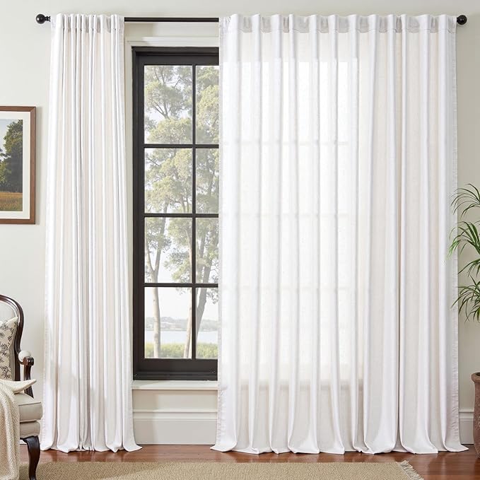 jinchan Extra Wide Sliding Door Curtain 108 Inch Length White Linen Curtains Semi Sheer Drapes for Patio Door Living Room Bedroom Floor to Ceiling Light Filtering Drapes 100 Inches Wide 1 Panel