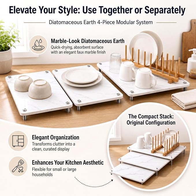 3 Tiers Large Nesting Stone Dish Drying Mats (24"x16" & 20"x16" & 16''x 12'') with Bamboo Dish Rack for Kitchen Counter, White Nestable Diatomaceous Earth Drying Mats with Non-Slip Feet