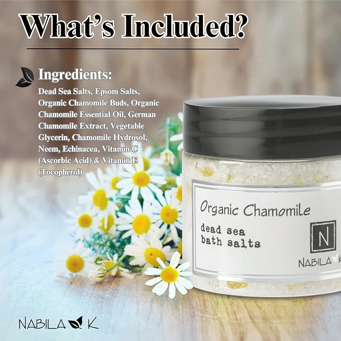 Organic Chamomile Bath Salts for Women & Men - Dead Sea Salt & Epsom Salt Calming Soak and Scrub - Organic Chamomile Buds & German Chamomile Oil, Cruelty-Free, Sulfate-Free | 8 oz | Nabila K