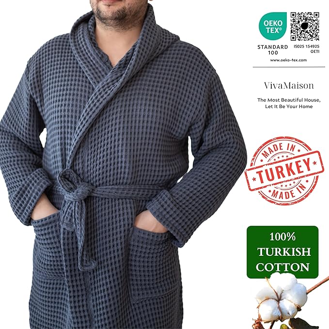 Unisex Hooded Waffle Robe for Women & Men 100% Turkish Cotton | Quick-Dry Bathrobe | Cozy Housecoat for Lounging