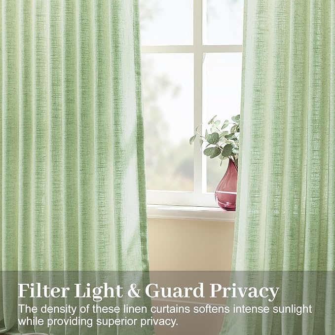 Sage Green Pinch Pleated 84 Inch Curtains for Living Room, Privacy Semi Sheer Curtain with Pleated Hooks Modern Linen Blend Memory Trained Back Tab Drapes for Bedroom Office, 2 Panels, W40xL84