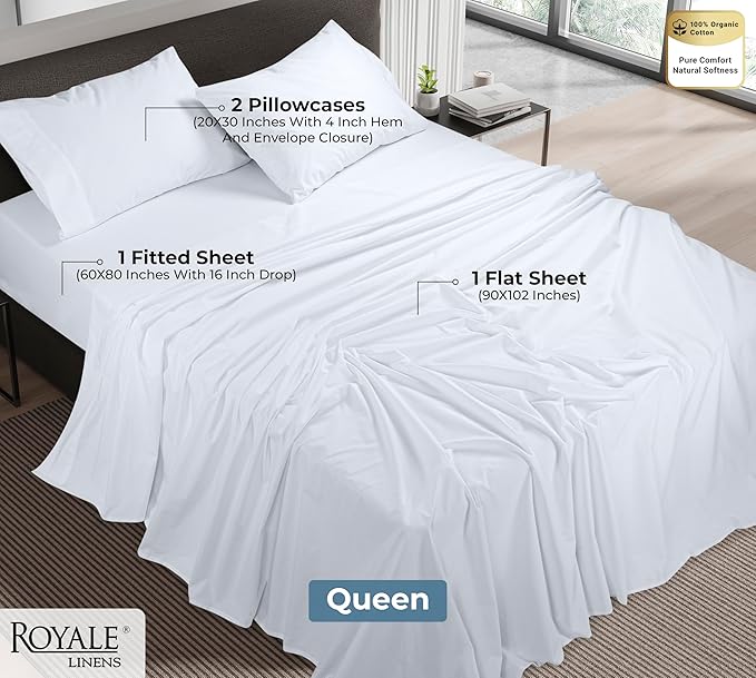 ROYALE LINENS 100% Organic Cotton Queen Sheet Set - Percale Weave - 4 Pieces Set - 1 Flat, 1 Deep Pocket Fitted Sheet and 2 Pillowcases - White Bed Sheets - Sábanas Queen - Crisp Cool (White)