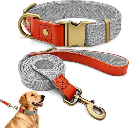 Nylon Dog Leash and Collar Set with Metal Quick Release Buckle, Adjustable, Durable High-Density Fabric, Breathable, Soft and Comfortable for Walking and Training, Silver-Gray, XL (16.9"-26")