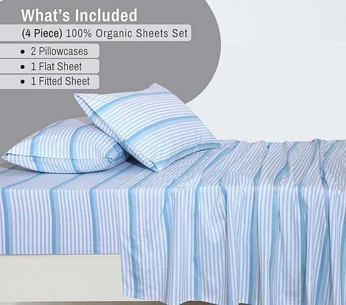 RUVANTI 100% Cotton Organic Percale Sheets Full Size – Crisp Cooling Bed Sheets for Hot Sleepers, Deep Pocket 15”, Soft Peach Finish, Breathable & Durable Hotel-Style 4 Pcs, Nautical Stripes