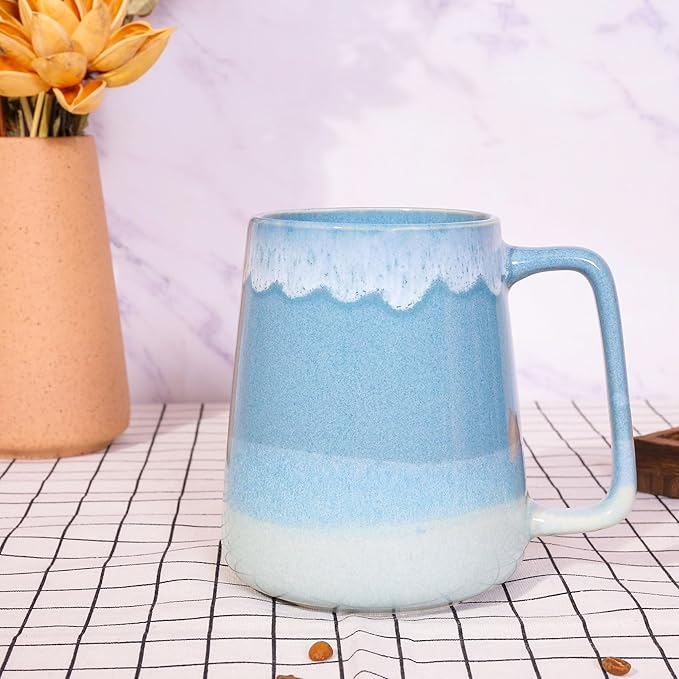 24oz Large Ceramic Coffee Mug with Big Handle, Handmade Kiln Glazed Large Coffee Mug Tea cup, Novelty Mug，Unique Uneven Surface for Office and Home，Microwave and Dishwasher Safe (Light Blue)