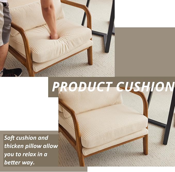 Karl home Mid-Century Modern Accent Reading Chair, Beige | Corduroy Upholstered, Solid Wood Frame, Soft Cushion, Lumbar Pillow, Lounge Armchair for Living Room, Bedroom, Balcony, Study
