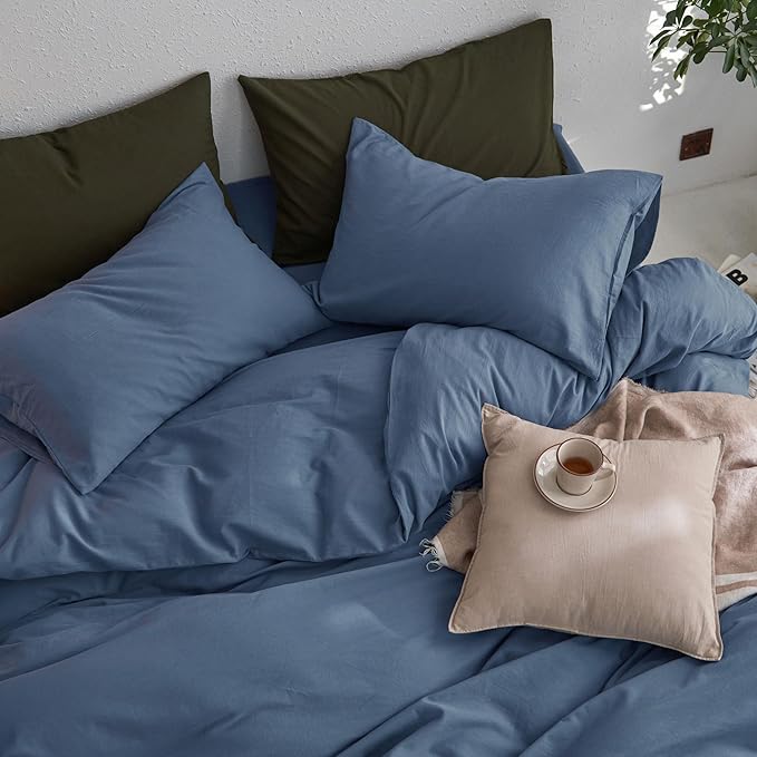 MooMee Queen Duvet Cover Set, 100% Washed Cotton Linen Like Twill Thick Sturdy Material Super Soft Breathable Durable Bedding for All Season, 3 Pieces (Blue, Queen 90"x90")