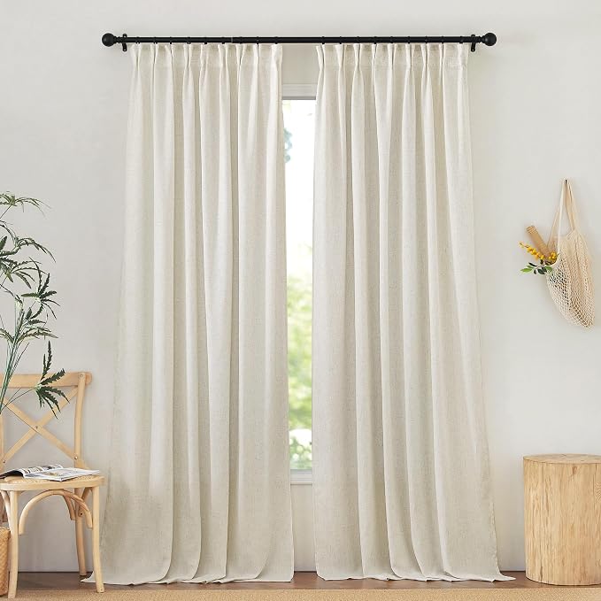 NICETOWN Natural Thick Linen 144 inch Curtains Extra Long, Pinch Pleated/Rod Pocket/Back Tab Privacy Added Window Drapes with Light Filtering for Living Room, W52 x L144, 2 Panels