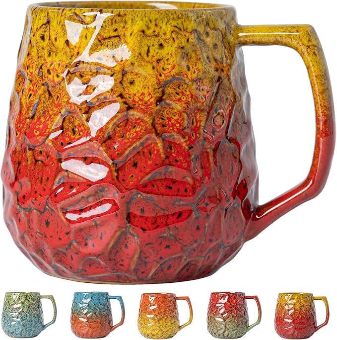 18oz Unique Yellow & Red Kiln-Change Ceramic Coffee Mug, Handcrafted Hammered Texture Ceramic Mug with Ergonomic Handle, Microwave & Dishwasher Safe, Gift for Coffee Lovers, Home Office Daily Use