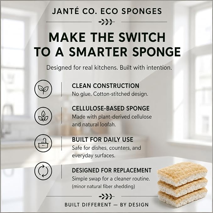 Natural Loofah Dish Sponges by Janté Co. (6-Pack) - Kitchen Sponges | Authentic Natural Loofah - Cotton Stitched - No Synthetic Glue - Air Dry Design - FSC Sourced Cellulose