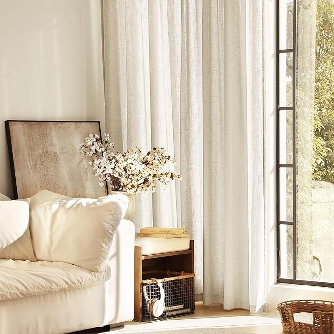 Faux Linen Beige Curtains 120 Inches Long for Living Room Rustic Farmhouse Semi Sheer Burlap Textured Canvas Cloth Curtain Panels Set of 2 Khaki Tan Colored