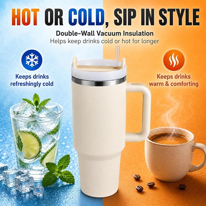 Pandance 4 Pack 40 oz Tumbler with Handle and Straw Bulk, Cream | Stainless Steel Vacuum Insulated Travel Mug, Sturdy Screw-on lid, Cup Holder Friendly, Large Capacity Cup For Iced Coffee