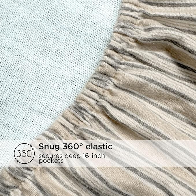 Briarwood Home® Printed Flannel Sheet Set, 100% Natural Cotton, Soft, Warm & Deep Pocket, Advanced Nano-Tech Making it Resistance to Pilling; Brushed 6 Times for Softness (Oak Stripes, Queen)