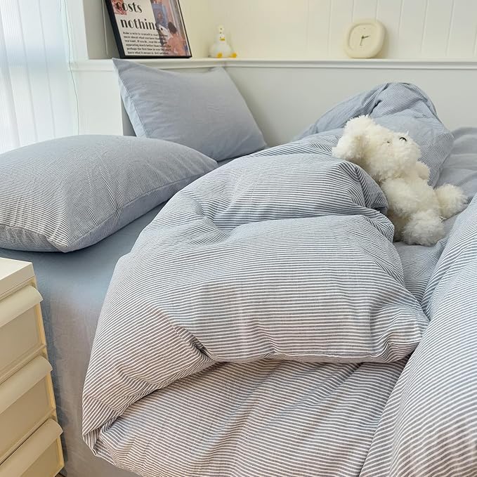 mixinni Blue Striped Duvet Cover Twin Size - 100% Washed Cotton Pinstripe Comforter Cover with Zipper Closure, Lightweight & Breathable, 3 Pieces Minimalist Stripes Pattern Printed Bedding Set