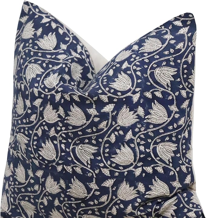 Hand-Block Printed, Artisan-Made Neutral Accent Throw Pillow Covers- 100% Cotton Cushion for Sofa, Bed, Chair, Home Decor, Boho, Indoor - Sansa (Midnight Blue, 20" x 20" (Pack of 2))