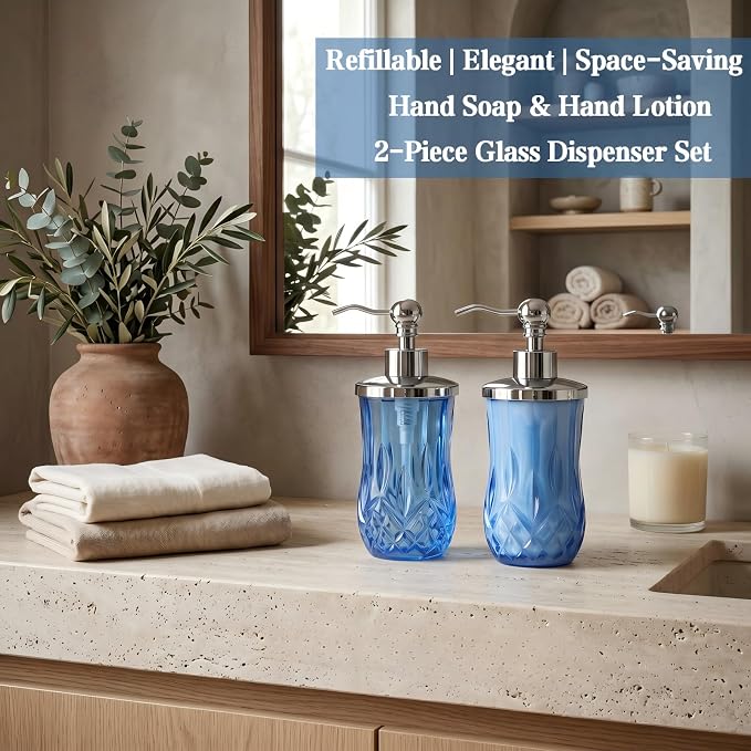2 Pack 9 Oz Glass Soap Dispenser with Stainless Steel Pump, Blue Round Textured Refillable Soap Dispenser with Vertical Fluting for Lotion, Hand Soap, Body Wash, Kitchen Bathroom Counter Organizer