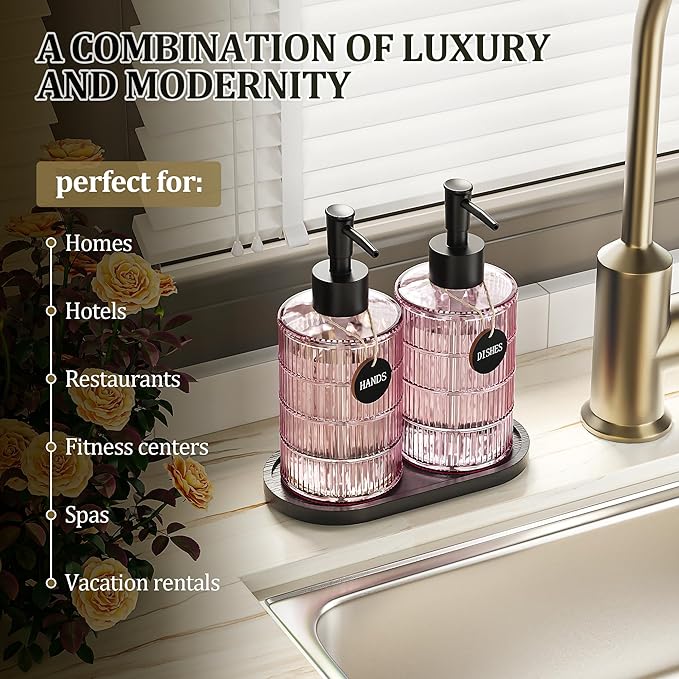 MASADI Soap Dispenser Set with Bamboo Tray, Dish and Hand Soap Lotion Dispenser Set with Wooden Pump for Kitchen and Bathroom Decor for Counter, Modern Vintage Liquid Soap Dispensers (Pink&Black)