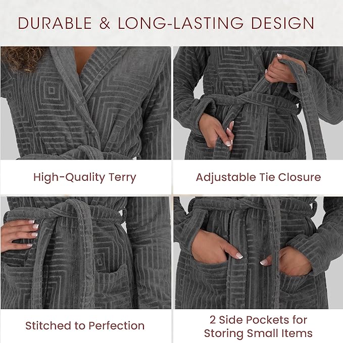 Be Relax Bathrobe for Women - Full Length Terry Cotton Robe with Shawl Collar and Hood, Warm and Cozy Robe with Belt & Pocket